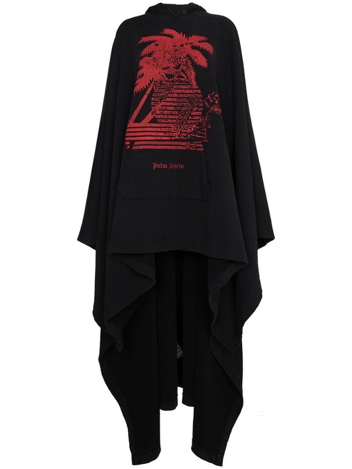 Palm Angels Palm Print Cape Long Sleeve Coat - Black