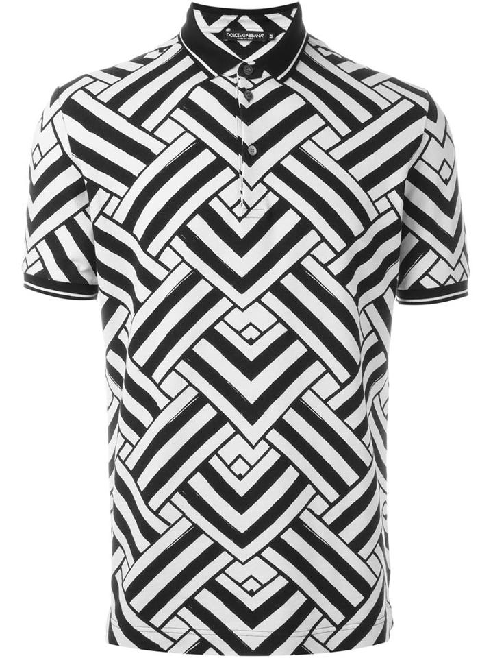 Dolce & Gabbana Geometric Print Polo Shirt, Men's, Size: 52, Black, Cotton/calf Leather