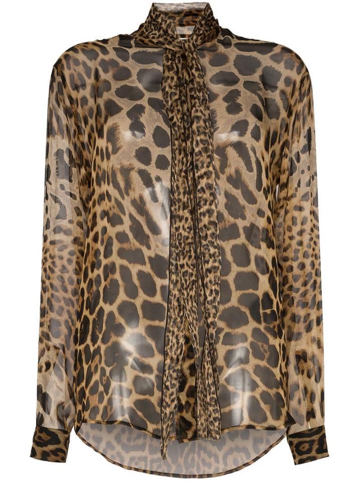 Saint Laurent Tie-neck Leopard-print Blouse - Brown