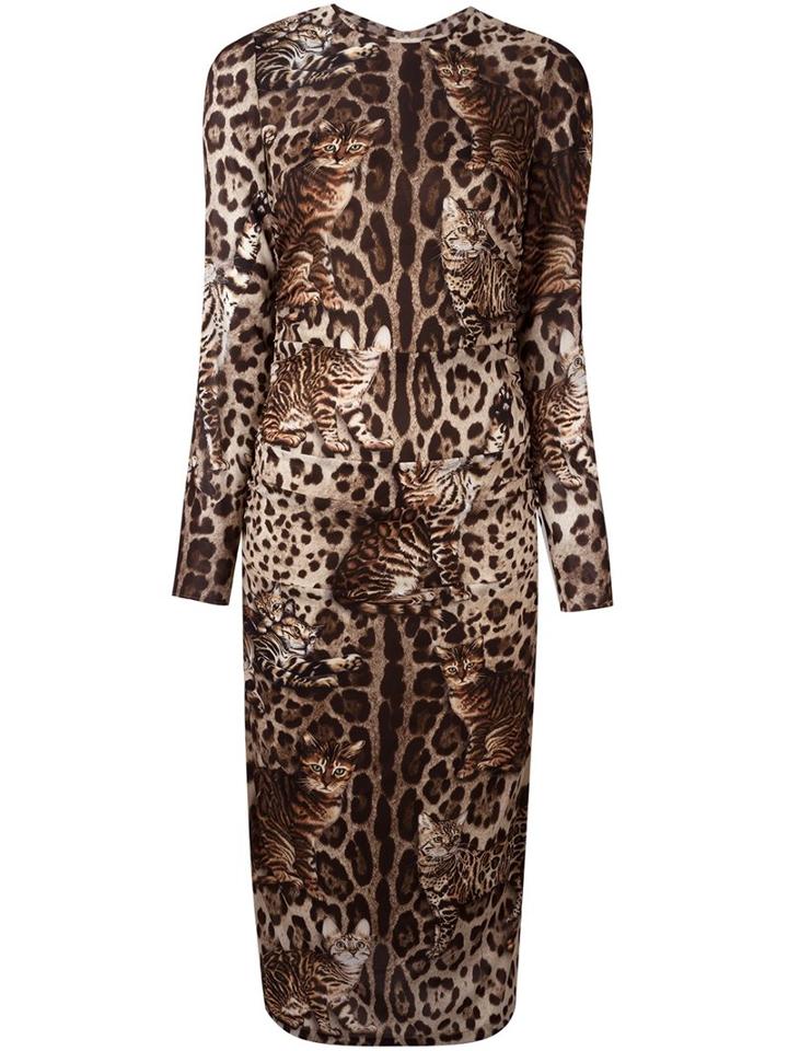 Dolce & Gabbana Cat Print Dress, Women's, Size: 38, Brown, Silk/spandex/elastane