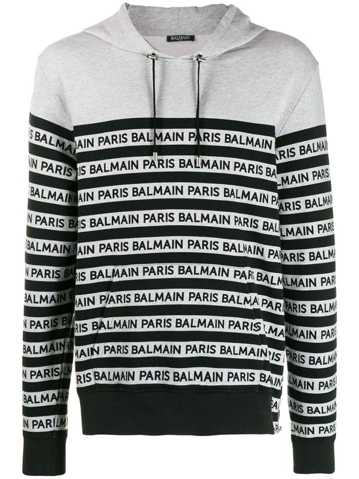 Balmain Logo Striped Hoodie - Grey