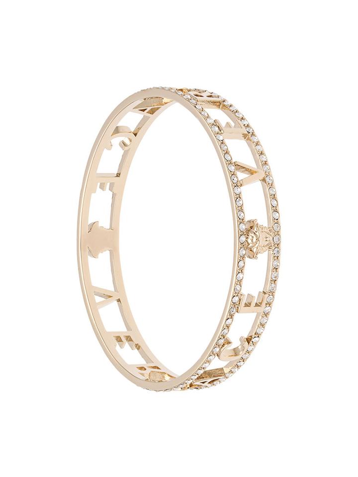 Versace Logo Embellished Bangle, Women's, Metallic