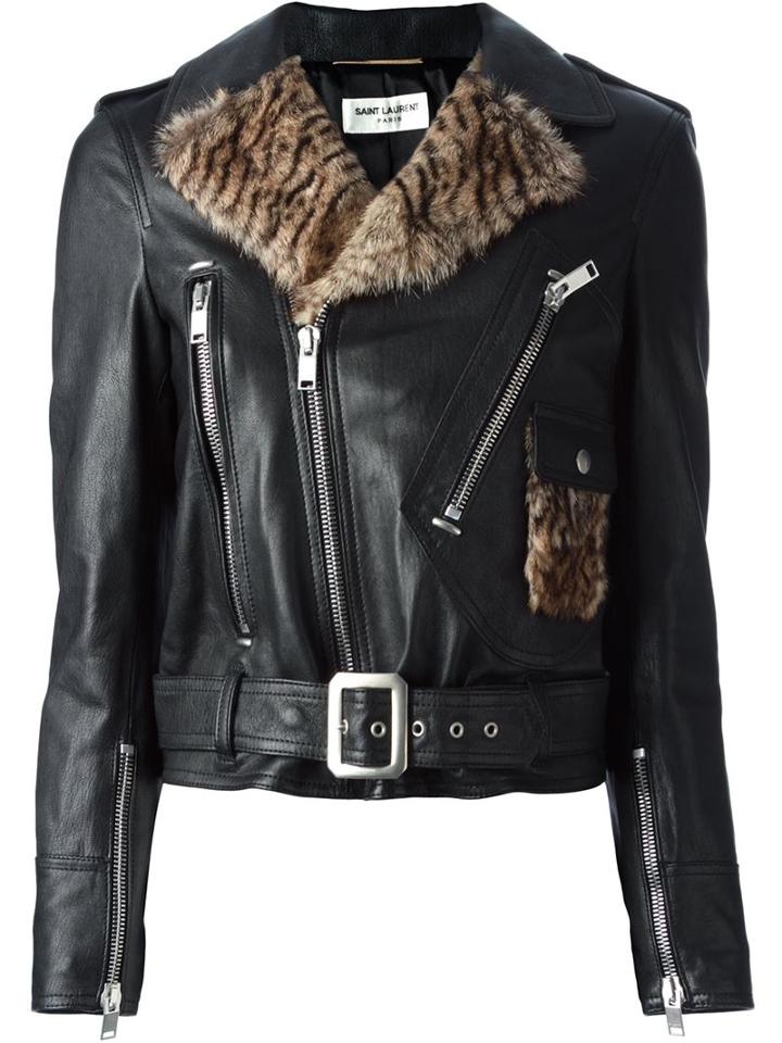 Saint Laurent Biker Jacket, Women's, Size: 38, Black, Cotton/lamb Skin/cupro/marmot Fur
