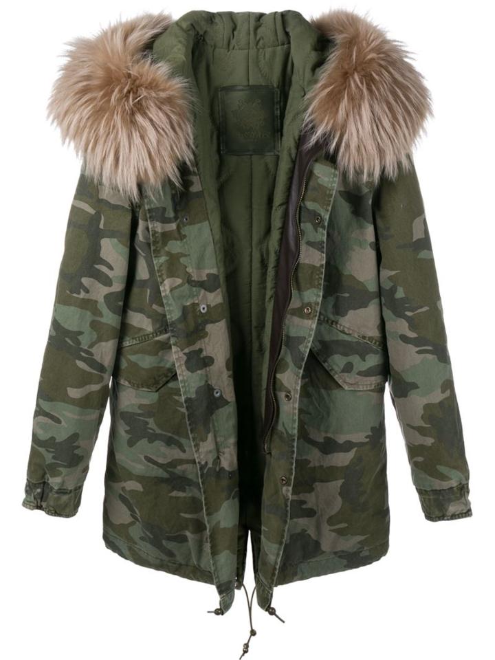 Mr & Mrs Italy Raccoon Fur Collar Coat, Women's, Size: Small, Green, Cotton/polyester/racoon Fur