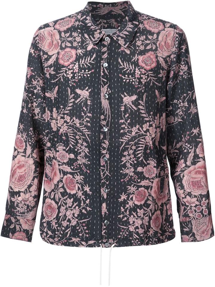 By Walid Floral Print Shirt, Men's, Size: Large, Black, Silk