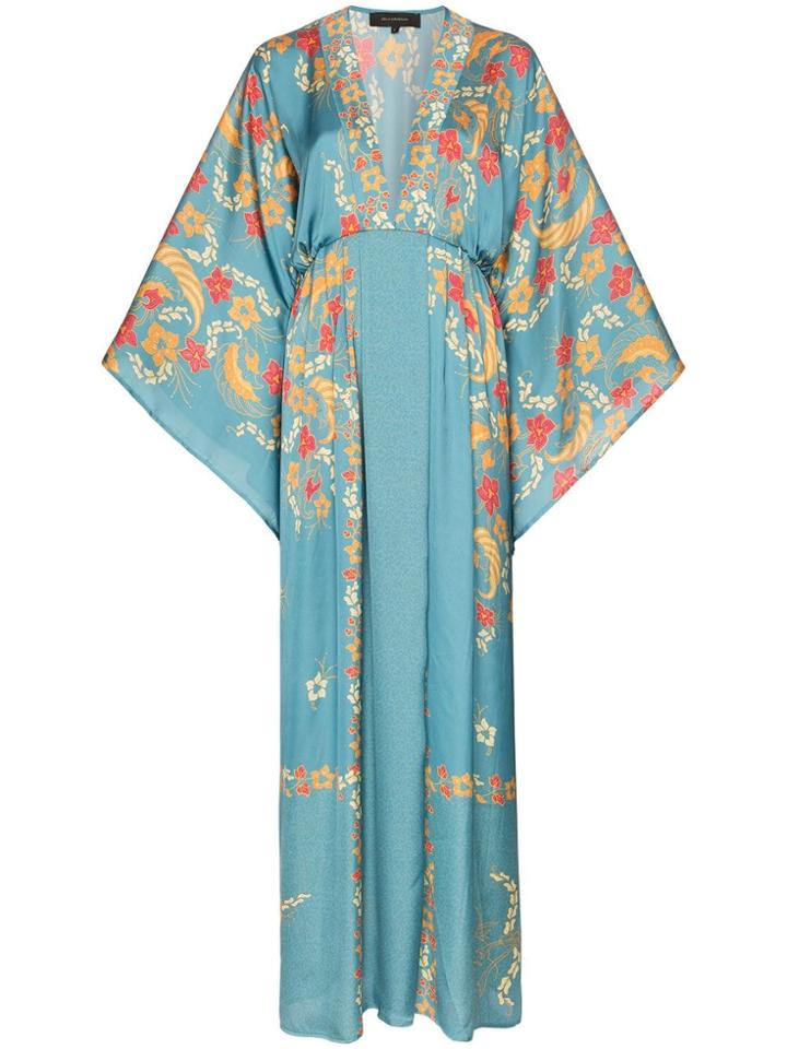 Celia Dragouni Deep V Neck Floral Print Dress - Blue