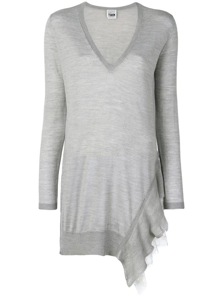 Twin-set - V-neck Ruffle Top - Women - Acrylic/polyamide/wool/metal - S, Grey, Acrylic/polyamide/wool/metal