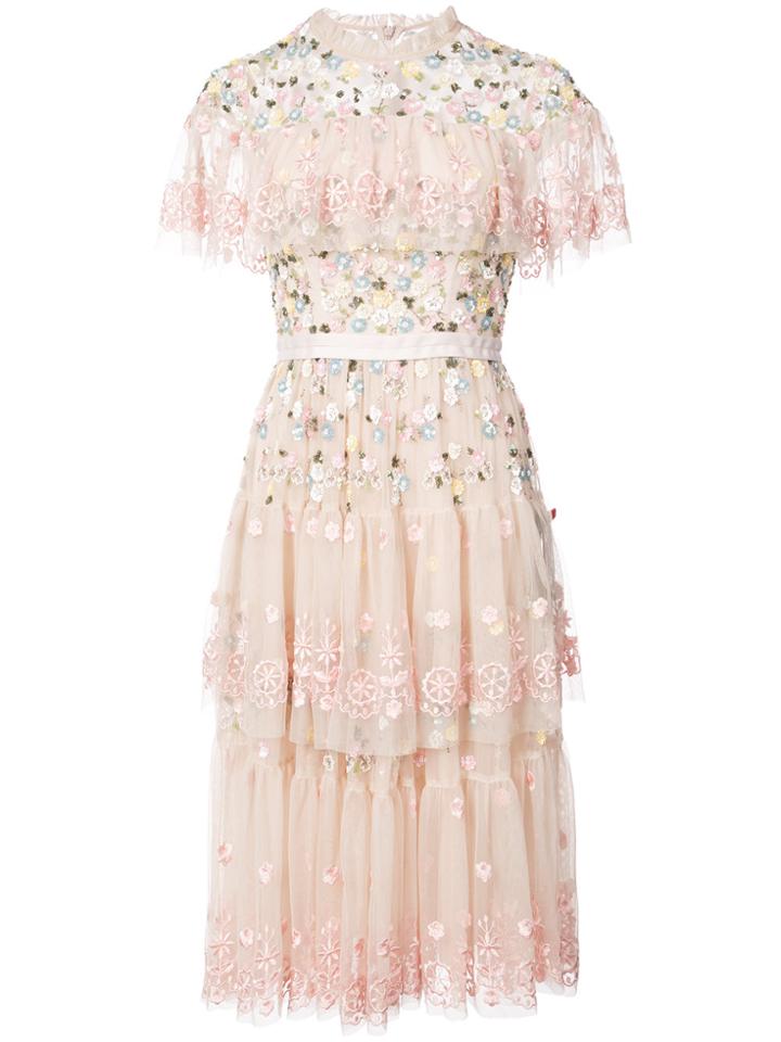 Needle & Thread Floral Embroidered Shift Dress - Pink & Purple