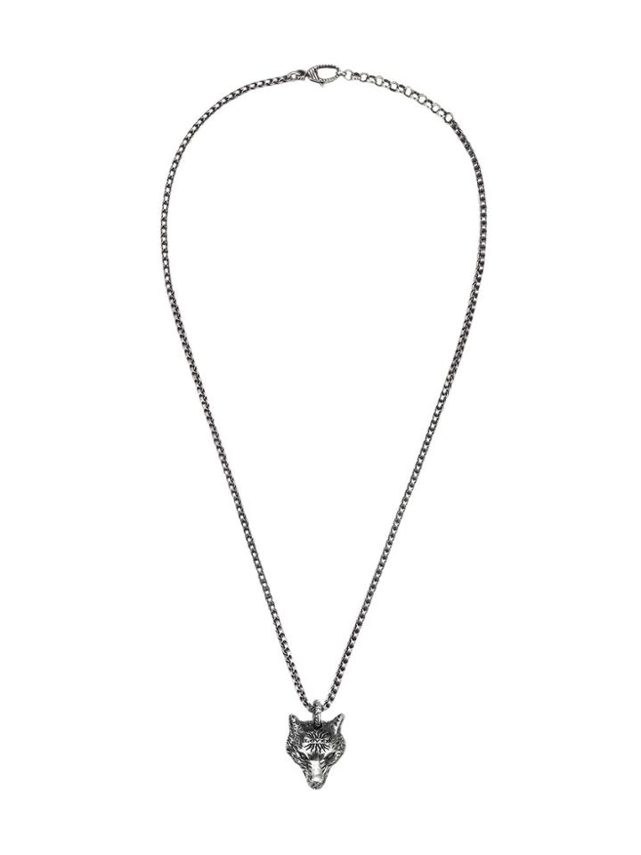 Gucci Anger Forest Wolf Head Necklace In Silver - Metallic