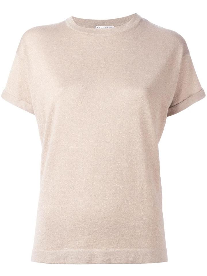 Brunello Cucinelli Plain T-shirt, Women's, Size: Large, Nude/neutrals, Silk/polyamide/cashmere/metallized Polyester
