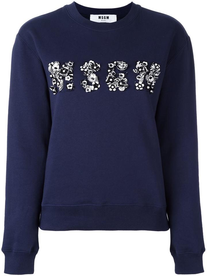 Msgm Logo Patched Sweatshirt, Women's, Size: Medium, Blue, Cotton