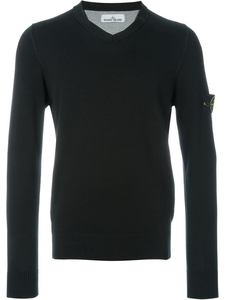 Stone Island V-neck Jumper, Men's, Size: Xl, Black, Cotton
