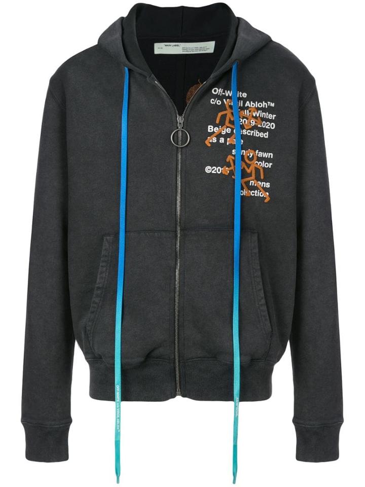 Off-white Zip-front Graphic Print Hoodie - Black