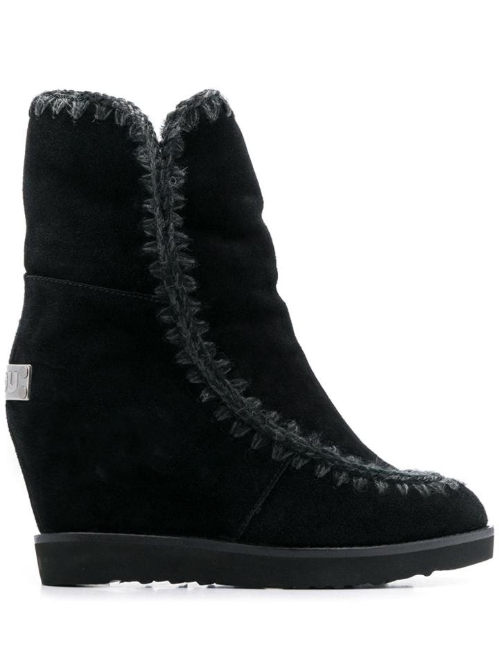 Mou French Toe Wedge Short Boots - Black