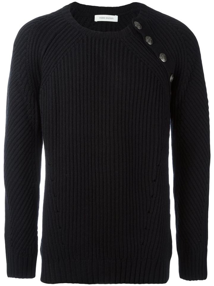 Pierre Balmain Ribbed Crew Neck Jumper, Men's, Size: 44, Black, Acrylic/wool