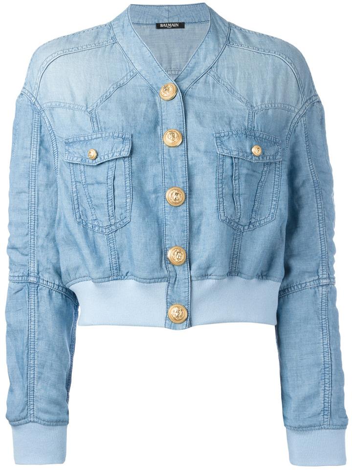 Balmain Cropped Washed Denim Jacket, Women's, Size: 36, Blue, Lyocell/linen/flax/viscose/spandex/elastane