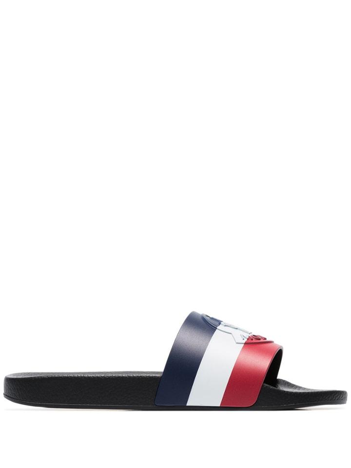 Moncler Black Logo Stripe Rubber Slides - 998 Blue White Red Stripe