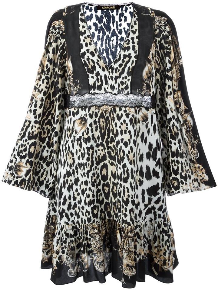 Roberto Cavalli Leopard Print Flared Dress, Women's, Size: 44, Black, Silk/polyimide