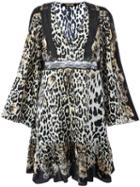 Roberto Cavalli Leopard Print Flared Dress, Women's, Size: 44, Black, Silk/polyimide