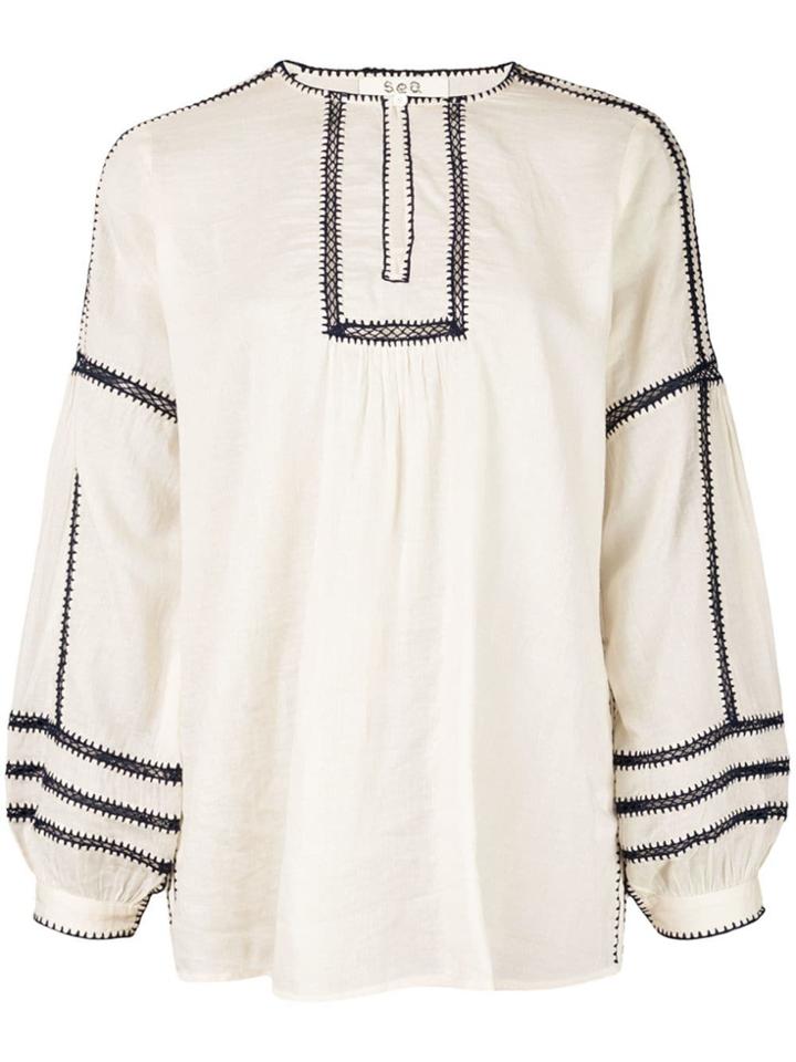 Sea Blouse With Stitching Panels - White