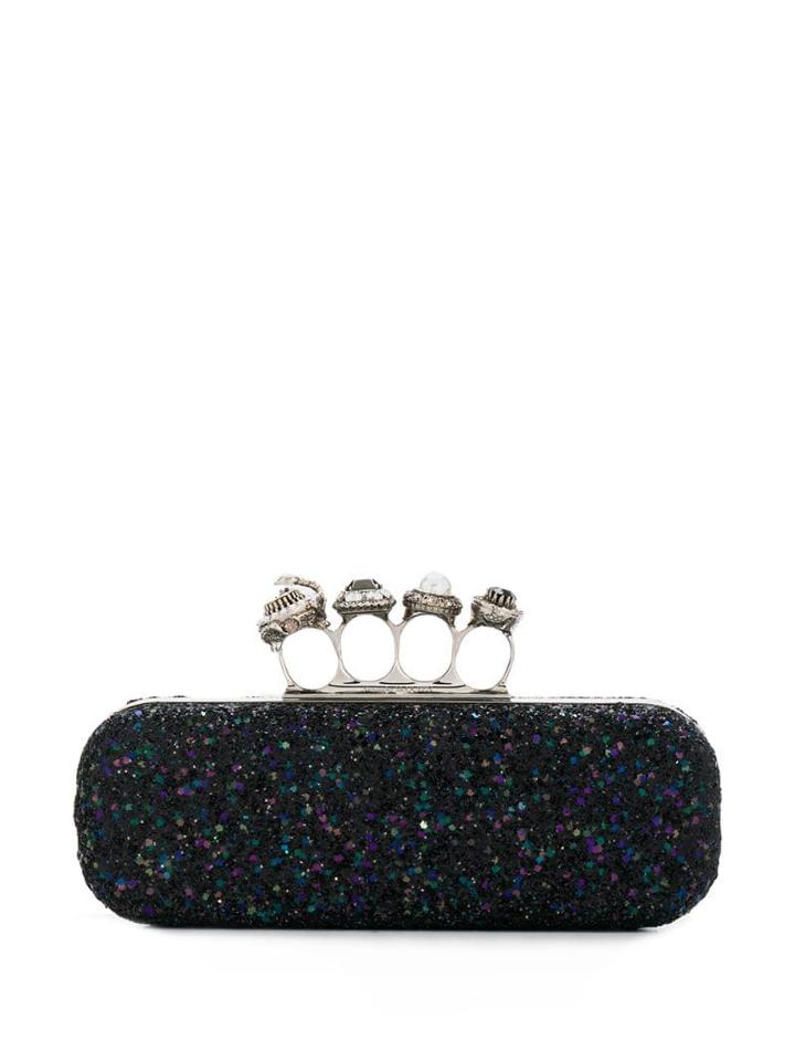 Alexander Mcqueen Glitter Four Ring Clutch - Black