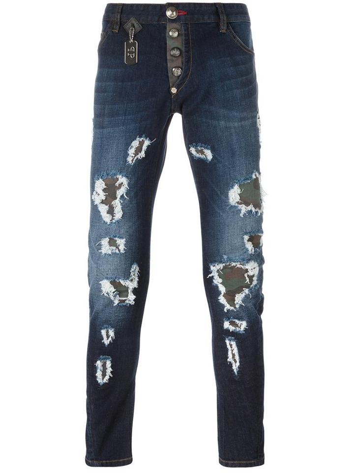 Philipp Plein Distressed Skinny Jeans, Men's, Size: 31, Blue, Cotton/spandex/elastane