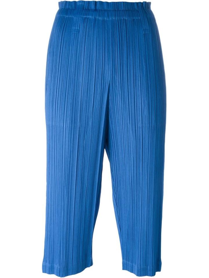 Pleats Please By Issey Miyake Pleated Cropped Trousers, Women's, Size: 3, Blue, Polyester