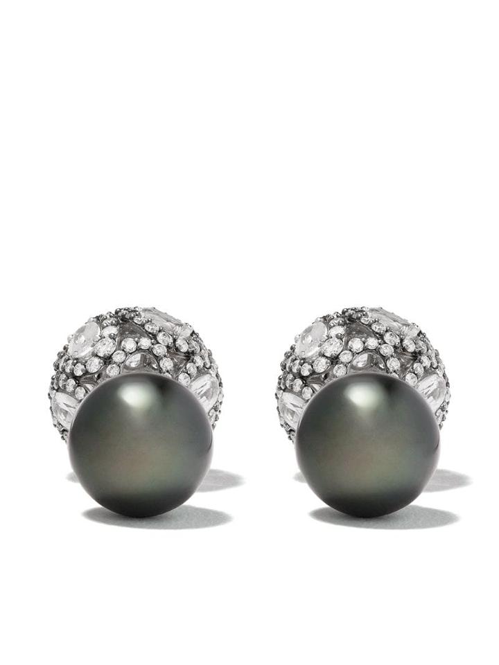 Yoko London 18kt Black Gold Duet Tahitian Pearl And Sapphire Earrings
