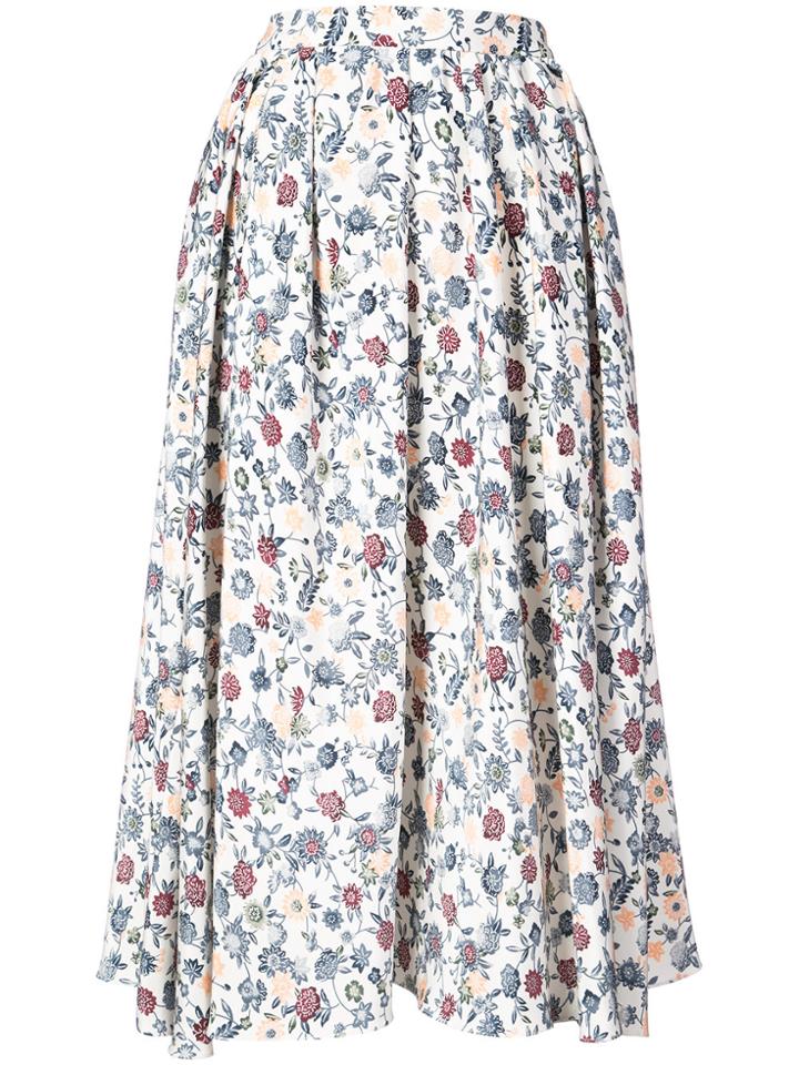 Adam Lippes Floral Print Pleated Midi Skirt - White