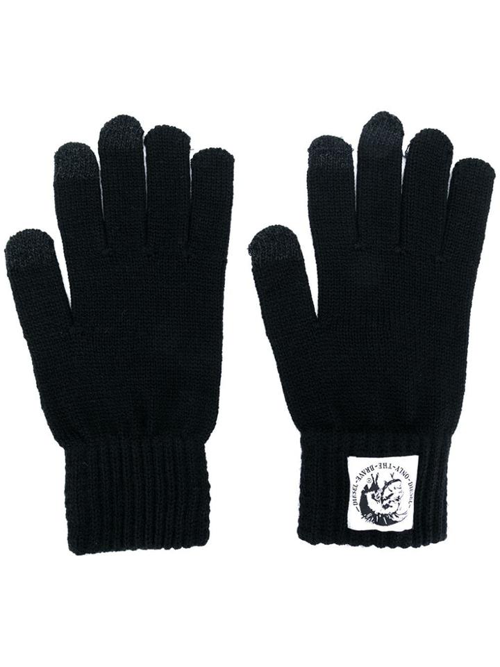 Diesel Logo Patch Knitted Gloves - Black