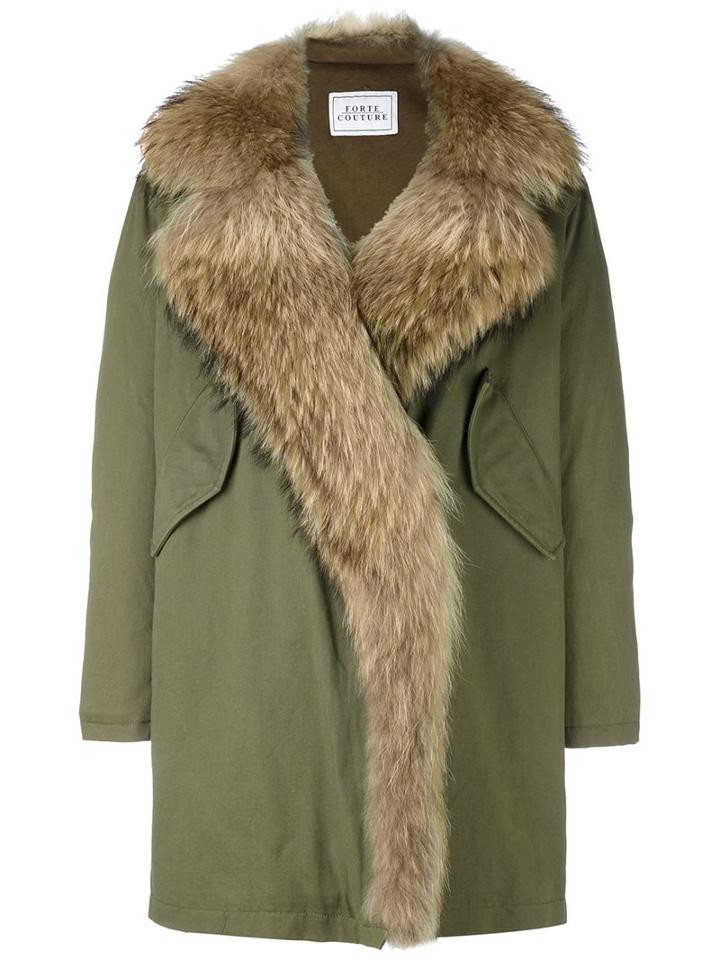 Forte Couture Hooded Parka Coat, Women's, Size: 40, Green, Racoon Fur/cotton/polyester