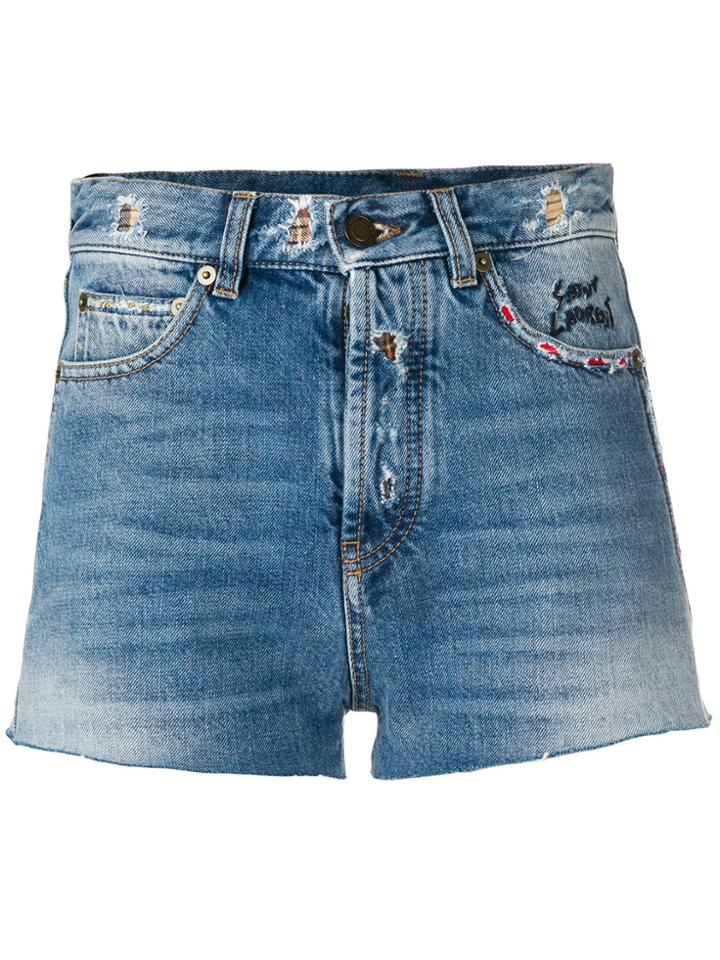 Saint Laurent Distressed Trim Denim Shorts - Blue