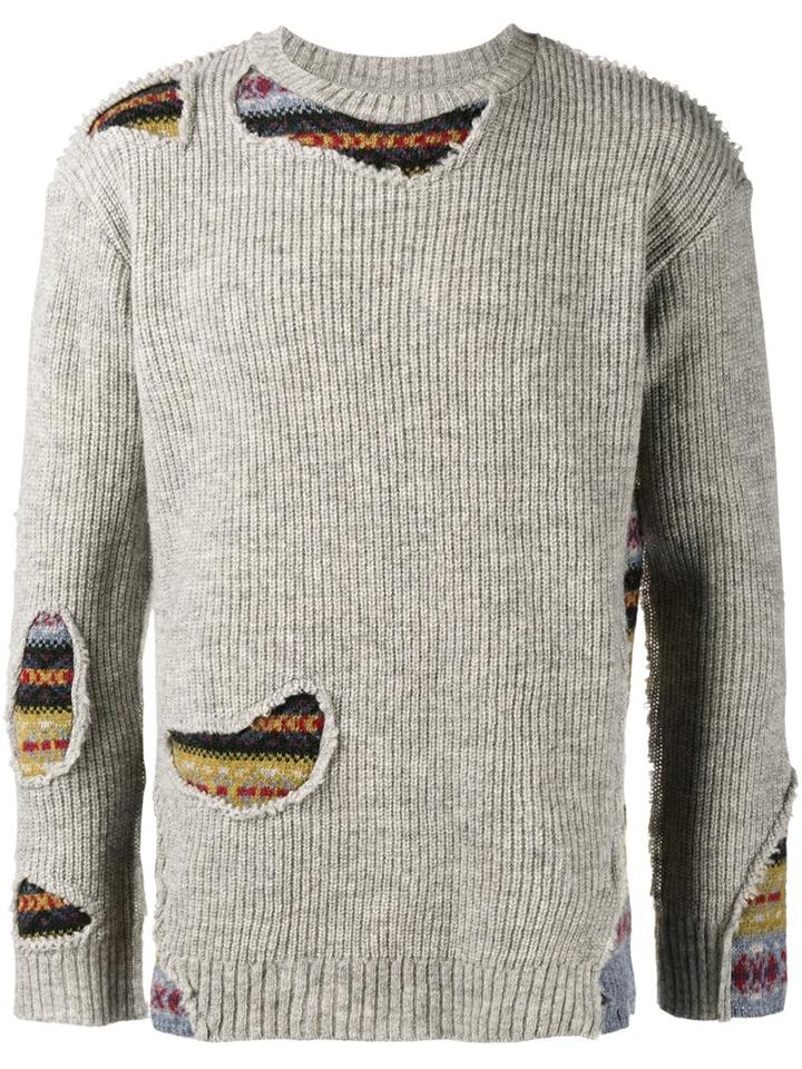 Miharayasuhiro Distressed Intarsia Jumper, Men's, Size: 46, Grey, Wool
