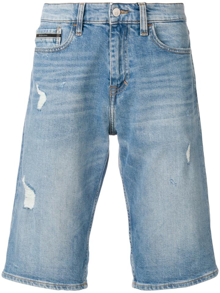 Calvin Klein Jeans Distressed Knee-length Denim Shorts - Blue