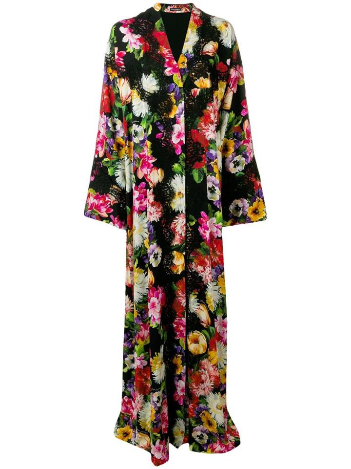 Dolce & Gabbana Floral Lace Trimmed Floor Length Coat - Black