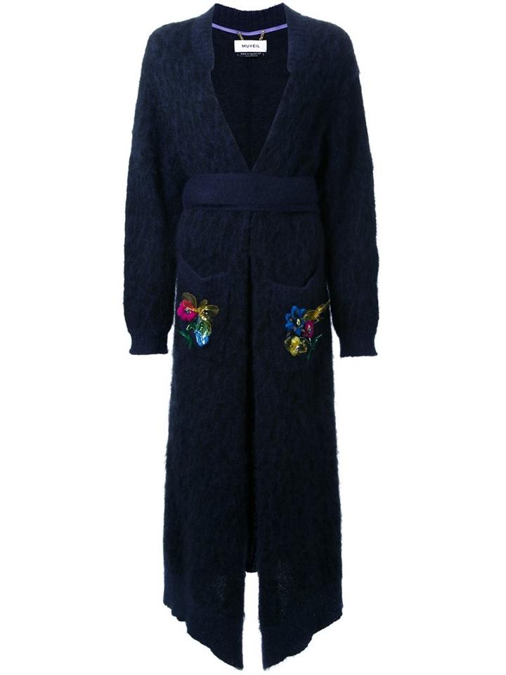 Muveil Embellished Pocket Cardi-coat, Women's, Size: 38, Blue, Nylon/mohair/wool