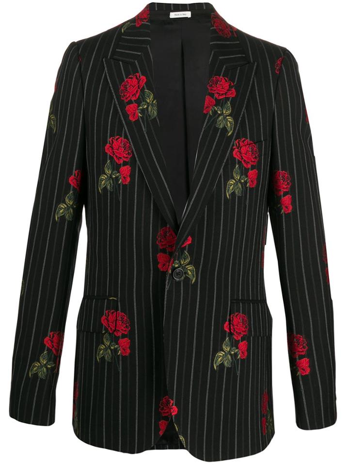 Alexander Mcqueen Jacquard Roses Pinstripe Blazer - Black