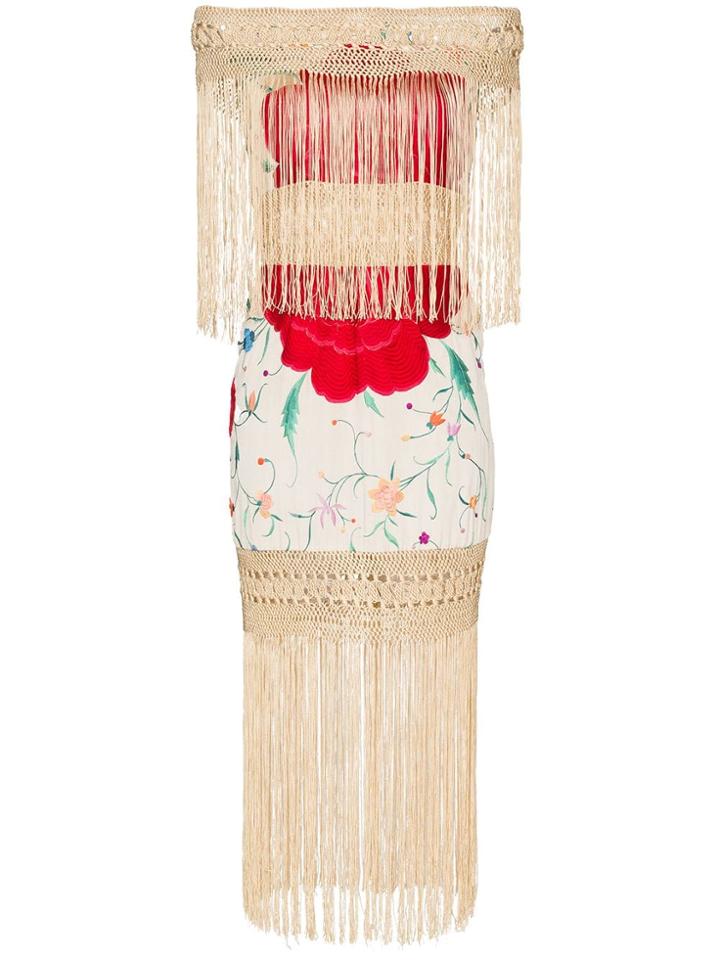 One Vintage Floral-embroidered Fringe Dress - Multicolour