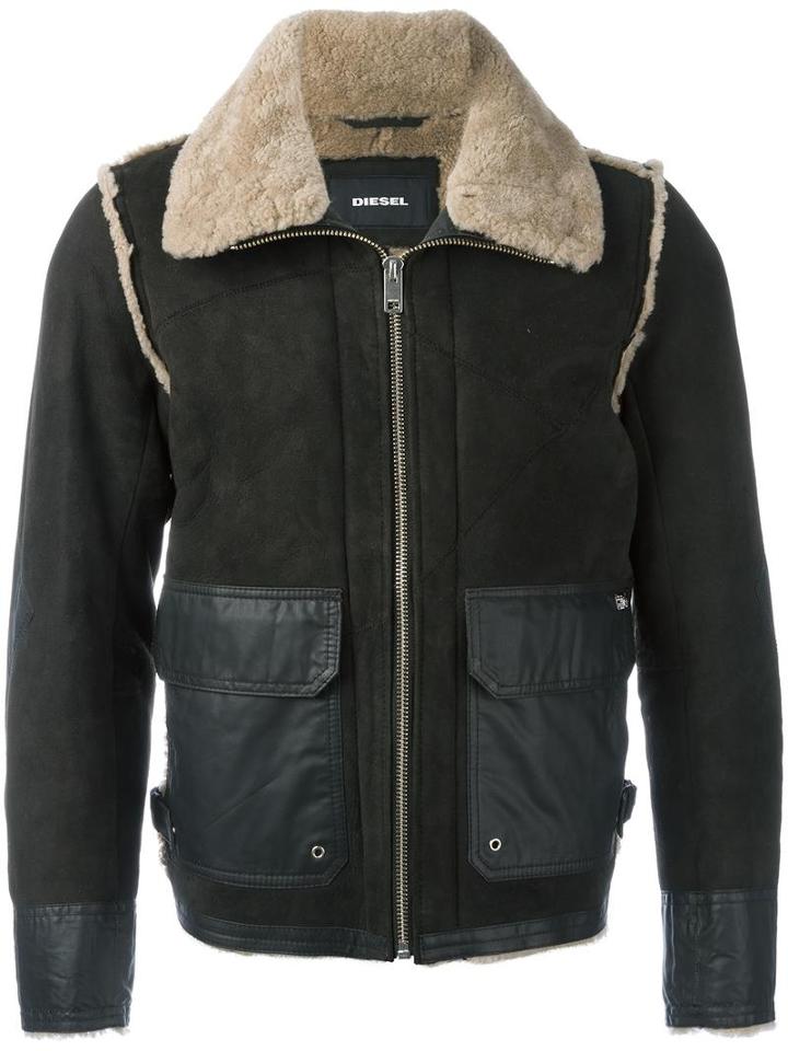 Diesel Shearling Jacket, Men's, Size: Large, Green, Sheep Skin/shearling