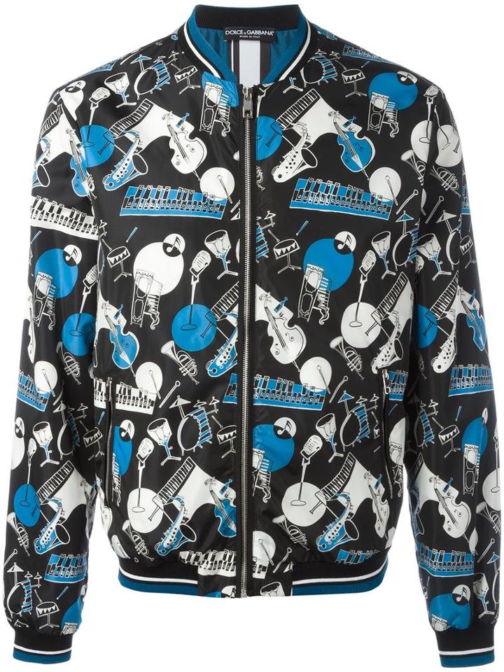 Dolce & Gabbana Musical Instrument Print Bomber Jacket, Men's, Size: 46, Black, Nylon/polyamide/polyester/calf Leather