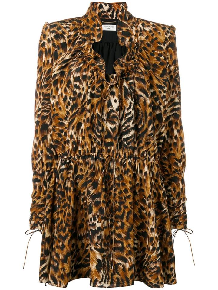 Saint Laurent Leopard Print Silk Dress - Brown