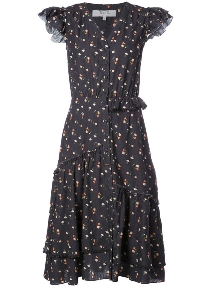 Sea Floral Print Midi Dress - Black