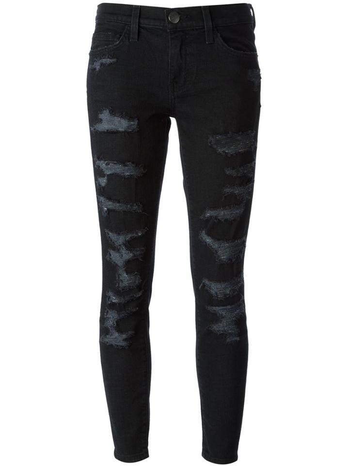 Current/elliott Ripped Detailed Skinny Jeans, Women's, Size: 27, Black, Cotton/spandex/elastane