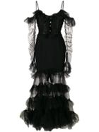 Alessandra Rich Flared Mesh Ruffle Dress - Black