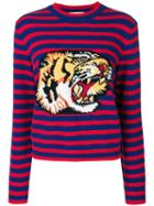 Gucci - Striped Tiger Motif Sweater - Women - Wool - M, Red, Wool