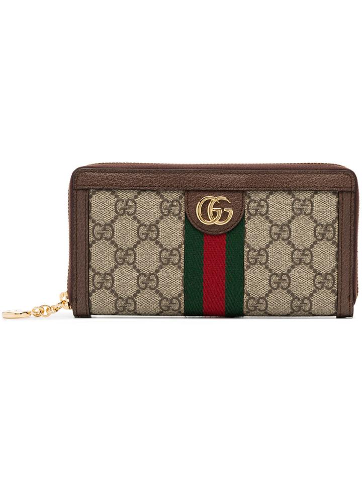 Gucci Beige, Green And Red Ophidia Gg Zip Around Canvas Wallet - Brown
