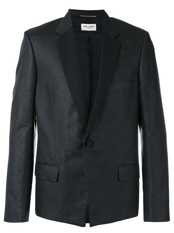 Saint Laurent Metallic Notched Lapel Blazer, Men's, Size: 48, Black, Silk/metal/polyamide/silk
