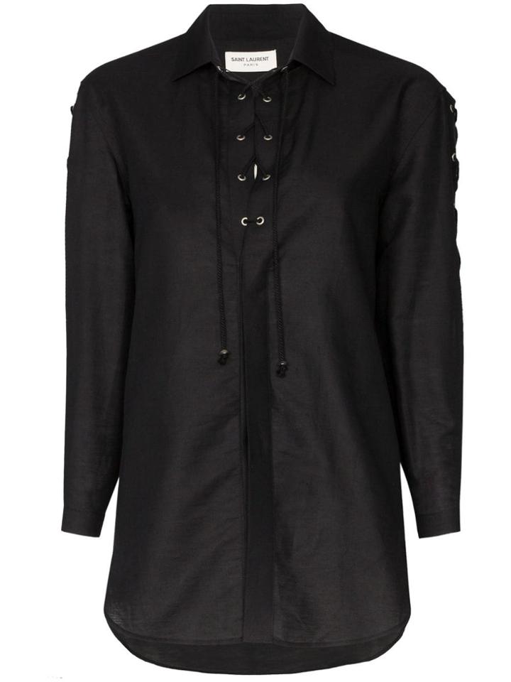 Saint Laurent Lace-up Detail Three-quarter Sleeve Shirt - Black