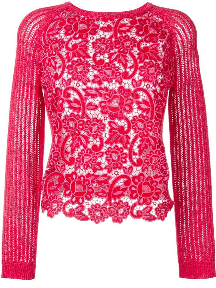 Marco De Vincenzo Lace Front Knit Top, Women's, Size: 40, Red, Cotton/polyester
