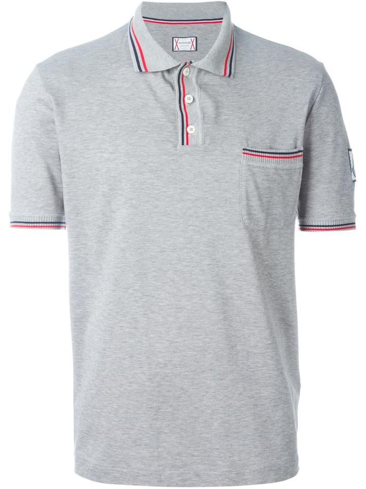 Moncler Gamme Bleu Striped Trim Polo Shirt, Men's, Size: Large, Grey, Cotton